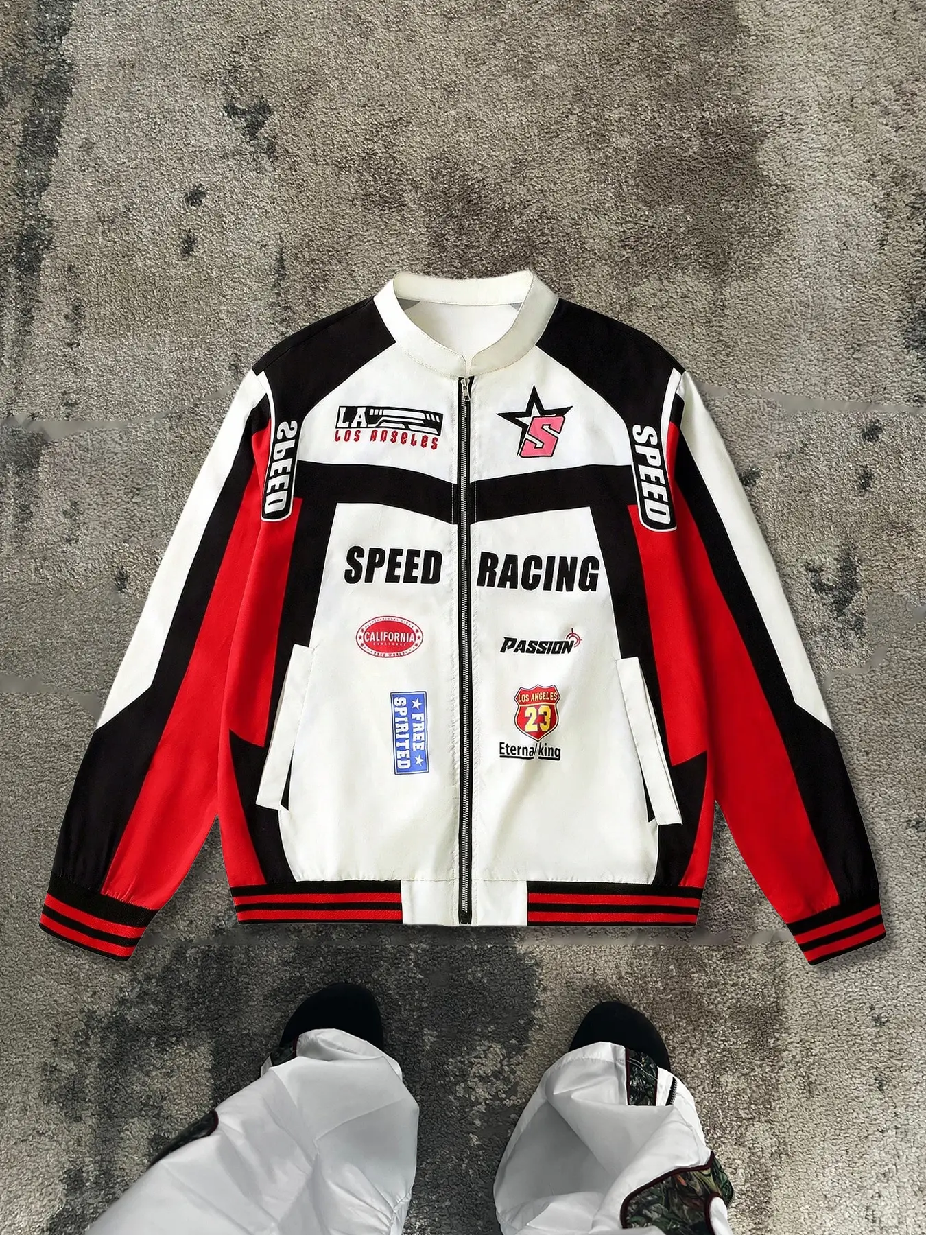 Men's Speed Racing Pattern College Style Streetwear Outerwear Jacket, Collared Zip Up Street Hip-Hop Coat, Fitted Long Zipper Design, Long Sleeve, Casual Outdoor Wear, All Seasons