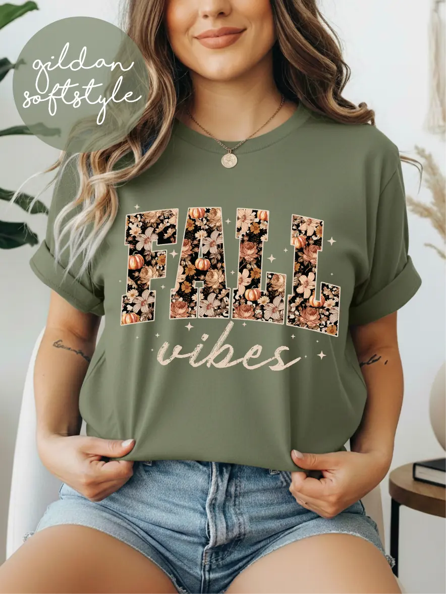 Fall VIbes ~ Unisex Short Sleeve T-Shirt, Gildan Softstyle Printed in the USA, Funny Halloween Shirt, Fall Floral Clothes, Flowers Lovers Outfit, Spooky Season Apparel