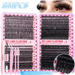 800pcs/Eyelash Extension Kit/Individual Eyelashes/30-100DMixed Length 9-16mm/DIY Cluster Lash Kit with Glue and Brush Tweezers/Easy Apply at Home Makeup Book/Reusable/Perfect for At Home Makeup/Travel, Individual Lash Clusters, Eyelash Bond Glue