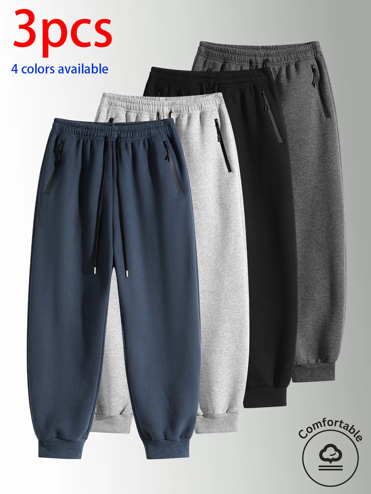 3-pack: men's long pants, men's casual long pants, men's jogger pants.Solid-color loose jogger sweatpants with side zipper pockets to prevent items from slipping out; elastic waistband with adjustable drawstring, and a windproof hem; suitable for everyday