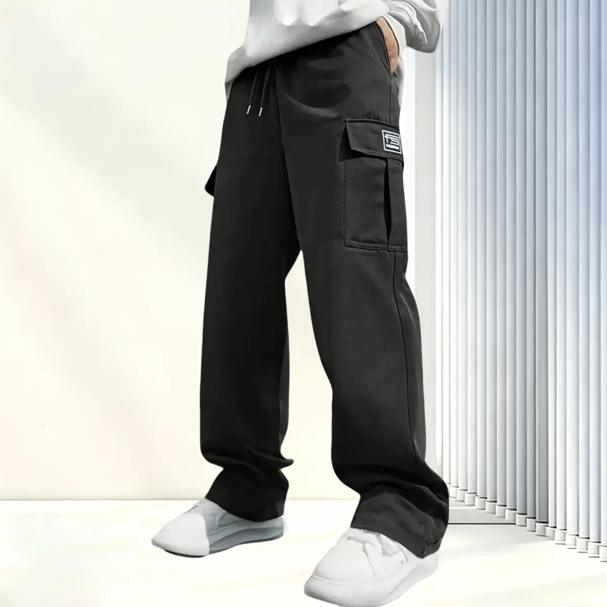 Casual Menswear Cargo Pants, Plain Straight-Leg Loose-Fit Trousers with Multiple Pockets for Spring and Autumn, Baggy, Oversized