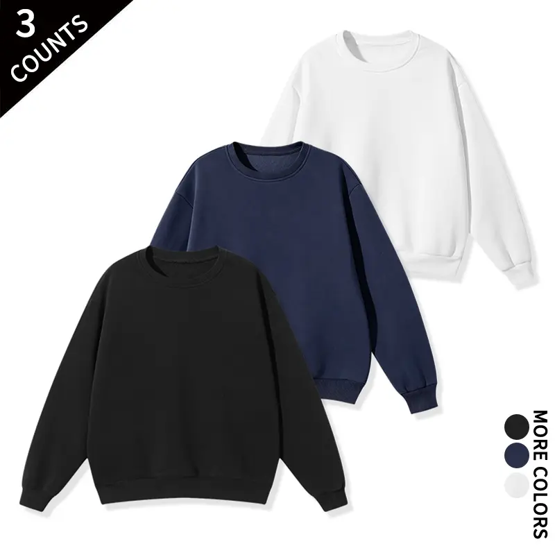 High-stretch soft solid-color crewneck long-sleeve sweatshirt, 3-pack, minimalist plain design, casual unisex, suitable for autumn/winter layering