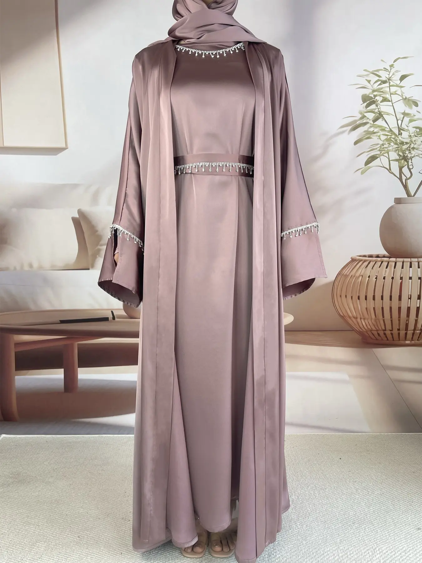 Luxury Satin Abaya Set for Muslim Women, Long Robe with Fringe Belt, Includes Hijab, Headband, Detachable Necklace, All Seasons Wear