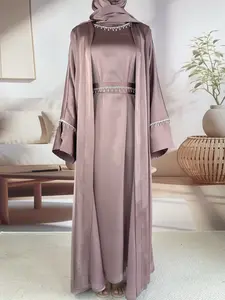 Luxury Satin Abaya Set for Muslim Women, Long Robe with Fringe Belt, Includes Hijab, Headband, Detachable Necklace, All Seasons Wear