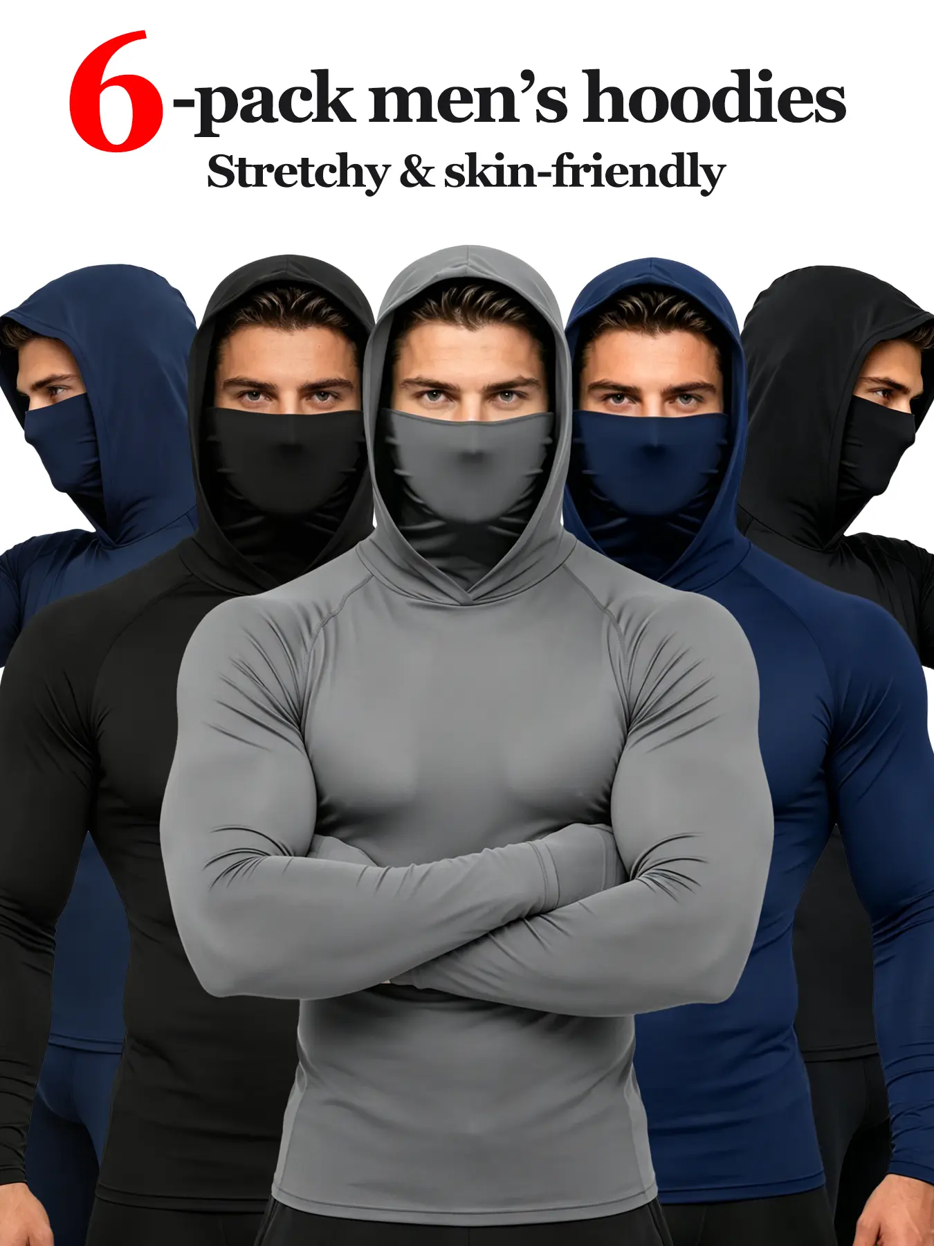 Men's 6-Pack Compression Shirts with Balaclava Hood, Long Sleeve Pull-On Stretch Tops for Fishing & Hiking, Male, Motorcycle Sports, Soft Stretch Material