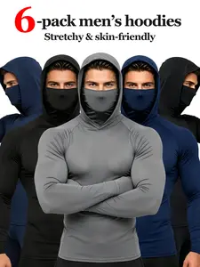 Men 6-Pack Balaclava Hood Compression Long Sleeve Tops, Soft Stretch Face Cover Hoodies for Fishing Hiking Motorcycle Sports