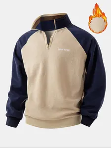 Men's Fall Winter Fleece Colorblock Patchwork Half-Zip Pullover Sweatshirt, Casual Long Sleeve Athletic Hoodie for Daily Wear, Casual Fashionable Outerwear