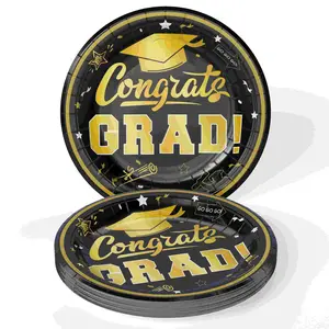 9 In. Black/Gold Graduation Plates | 24 Count