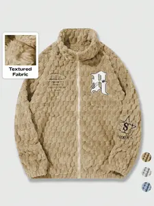 Men's Fleece Printed Zipper Jacket, Light Blue Textured Plaid Design, Winter Casual Streetwear, Warm Patchwork Cartoon Print Coat