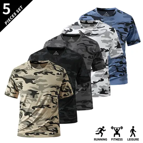 Teenage Boys' Clothing 5-Pack Camo Print Shirts - Crew Neck, Short-Sleeve, Stretch, Breathable Casual Mens' Tops for Fitness, Outdoor Everyday Wear, Camo Print Shirt,clothes for back to school,first day of school outfits