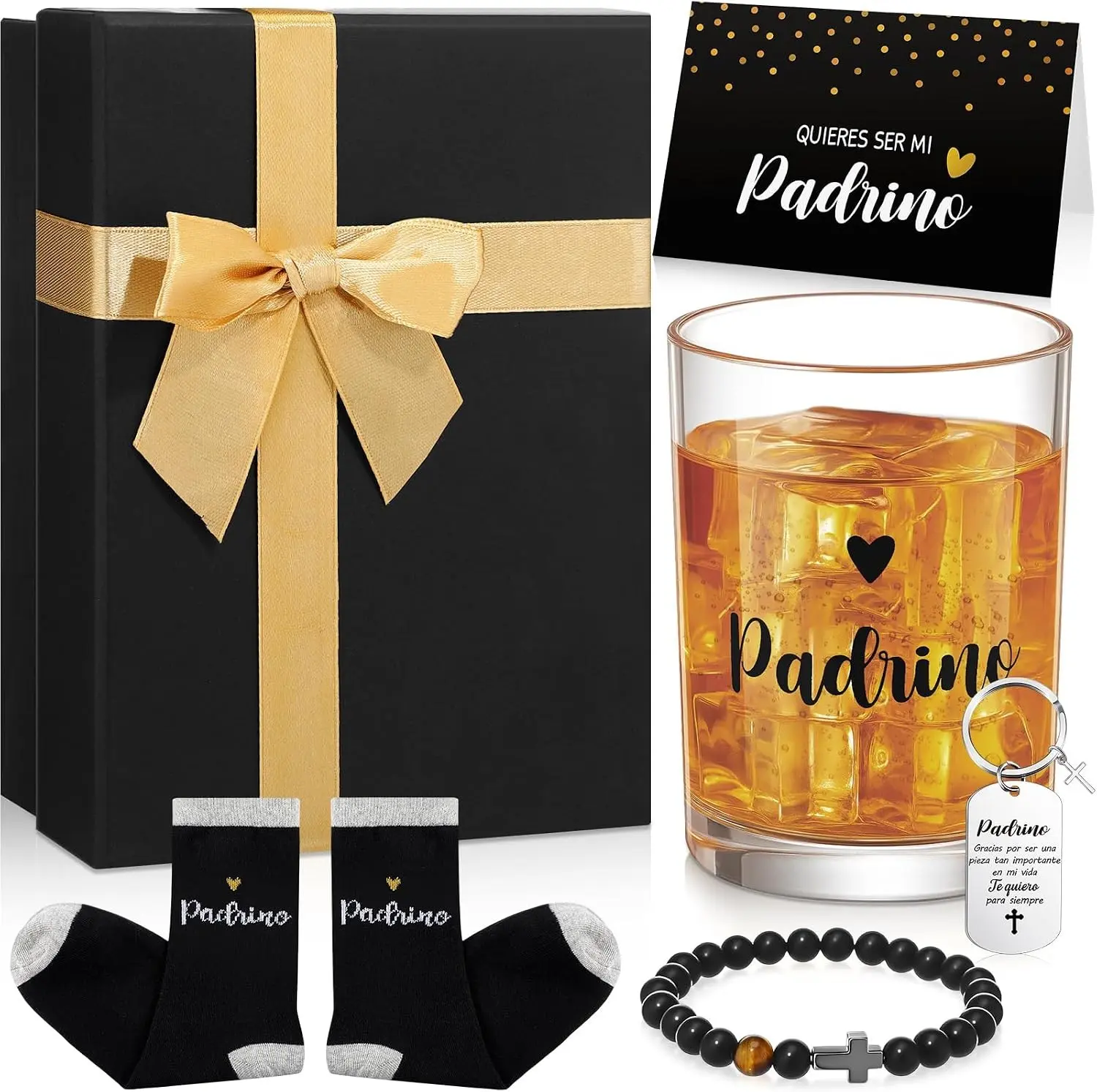 Reallnaive 6 Pcs Padrino Proposal Box Gift Set for Godfather | Includes Whiskey Glass, Beaded Cross Bracelet, Keychain, Proposal Card, Socks, Godparents Christmas Baptism Present