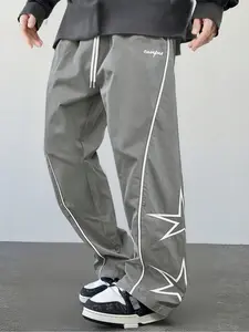 Men's Black & White Colorblock Star Print Sweatpants Loose Straight Fit with Drawstring Waistband for Casual Comfort and American Street Style - Menswear, Classic