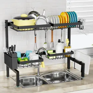 [2-Tier 4 Baskets]Over The Sink Dish Drying Rack, 24.8"-35.4", Large Sink Rack for Kitchen, Extensible and Adjustable, Saving Kitchen Space