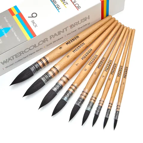 MEEDEN Watercolor Brushes Professional - 9 Pack Synthetic Squirrel Hair Artist Paint Brushes Set with Beech Wood Handle Great for Artists Hobbyists