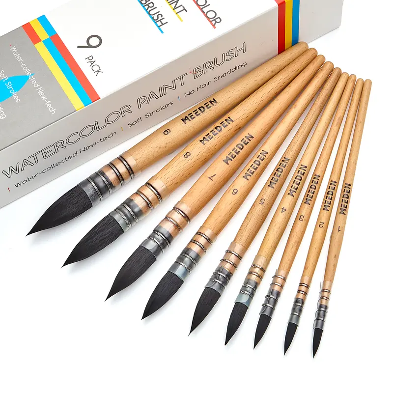 MEEDEN Watercolor Brushes Professional - 9 Pack Synthetic Squirrel Hair Artist Paint Brushes Set with Beech Wood Handle Great for Artists Hobbyists