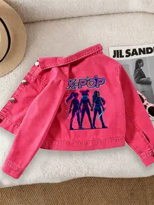 Girls' Casual Fashion Denim Jacket Print Coat, Sweet Cool Kpop Girl Group Print, Comfortable Fit, Suitable for School and Dates, Ages 12 and Under