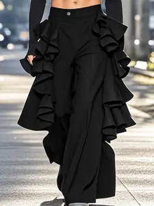 INCERUN Men's Fashion Frill Double Layer Solid Color Long Pants, Casual Fitted Pants, Suitable for All Seasons Streetwear, Casual Wear, Comfortable and Stylish
