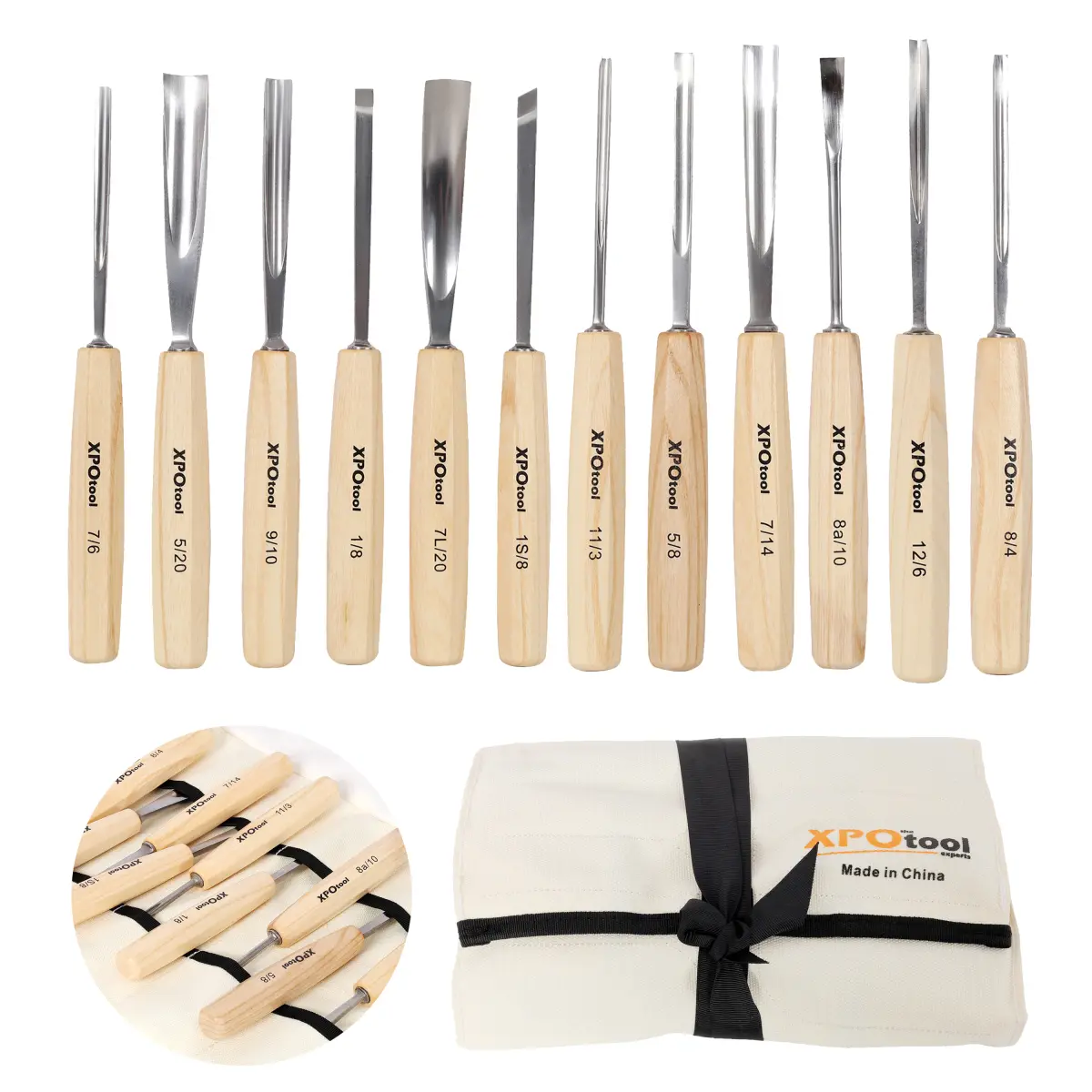 12-Piece Professional Wood Carving Chisel Set, Razor Sharp 60CRV Steel Blades Wood Carving Tools, Willow Wood Comfort Grip Handles with Canvas Storage Bag, Ideal for Beginners & Woodworking Profession