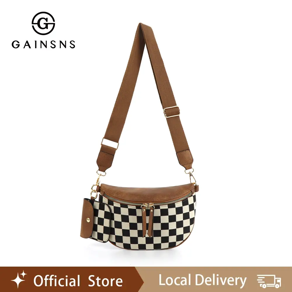 GAINSNS Women's Checked Pattern Crossbody Bag & Compact Coin Purse, Sling Bags, Shoulder Bags Fashionable Pu Bag Set, Casual Trendy Versatile High-qua