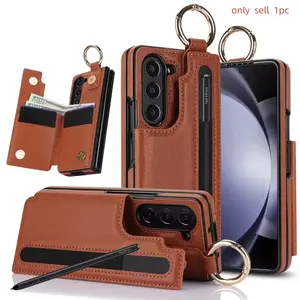 PU Leather Ring Phone Case for Samsung Galaxy Z Fold 7 6 5 4 3 Fold5 Fold4 Fold3 5G Wallet with Pen Holder & Card Slot (No Pen)