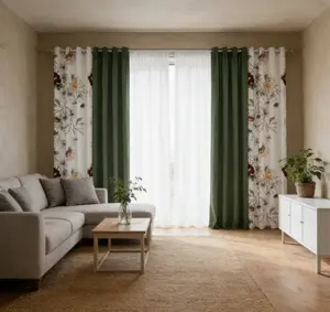 Green Floral Print 6-Piece Curtain Set with Sheer Voile Rod Pocket Top Light Filtering Window Drapes for Bedroom Living Room Modern Elegant Home Decor