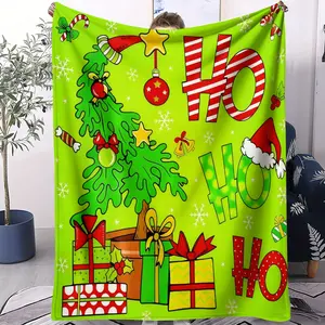 Green Christmas pattern design blanket, soft and comfortable sofa blanket, throw blanket, suitable for home, office, travel, outdoor camping, warm winter accessories, holiday decoration, a single-sided printed blanket