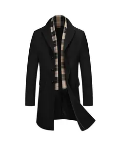 COOFANDY B Men's Wool Blend Coat with Detachable Plaid Scarfs Notched Collar Single Breasted Pea Coat Trench Overcoat