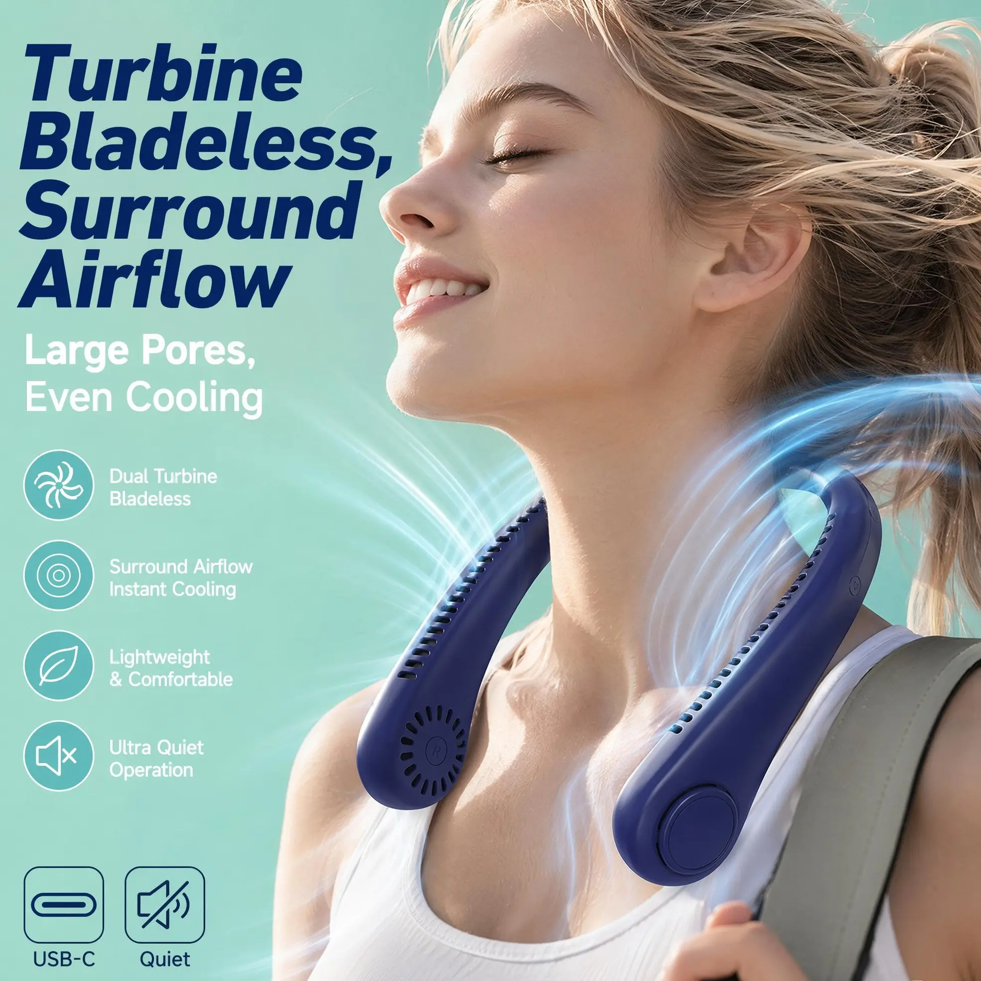 Rechargeable Neck Fan for Home Office Fitness, Portable Cooling Fan, Leafless Neck Fan, Wearable Bladeless Fan, Clip-On Fan, Compact Personal Cooler, Wearable Personal Fan, Rechargeable Wind Cooling