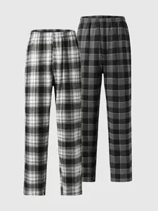 Men's 2pcs Plaid Print Elastic Waist Sleep Pants, Casual Comfy Loungewear Pants, Soft Breathable Sleep Bottoms for All Seasons