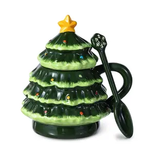 Glitzhome 6.5"H Christmas Ceramic Tree Mug withLid and Spoon