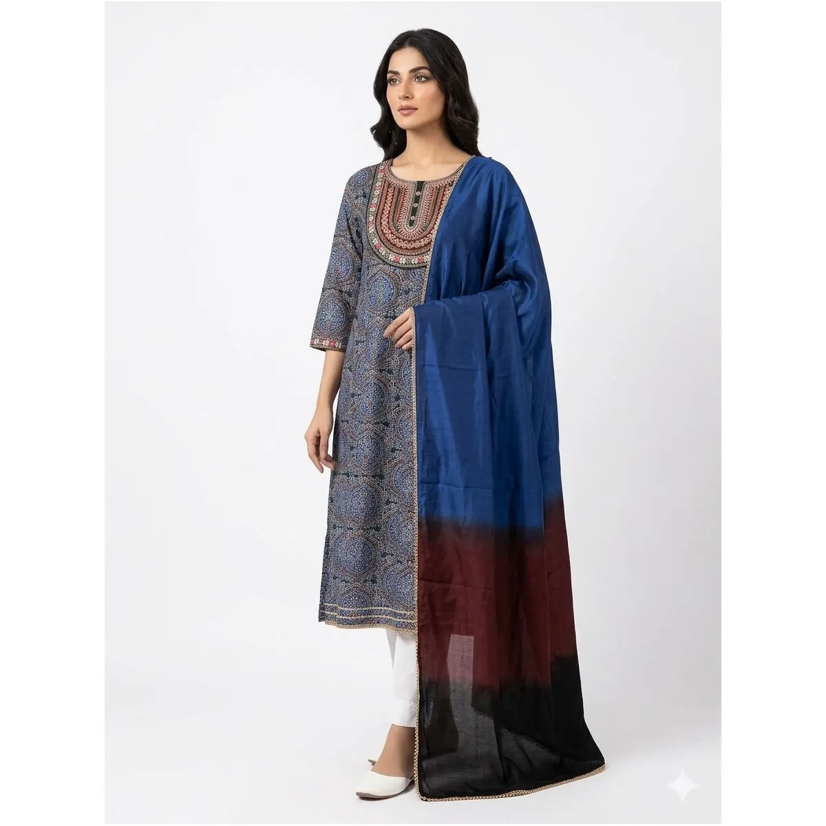#2PS-26 Embroidered Neckline Kurthi with Ombré Shawl/Dupatta — Blue Print, 3/4 Sleeves