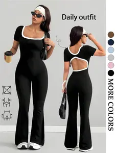 Women's Contrast Color Square Neck Backless Jumpsuit, High Elastic Waist Lifted Butt Hollow Out, Casual Everyday Short Sleeve Fitted Jumpsuit for All Seasons