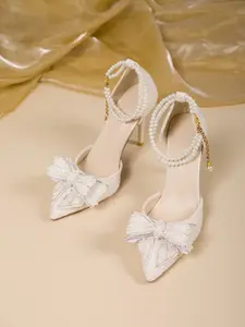 French Vintage Pearl Bow High Heel Pumps, Tweed Side Cutout Pointed Toe, Casual Office Fashion Shoes, Versatile Style for Multiple Summer