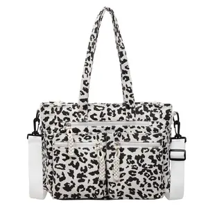 Multi-Pocket Leopard Tote Bag - Soft Corduroy, Adjustable Strap, Everyday Use Vintage Monogram Hobo Shoulder