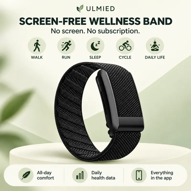 ULMIED Screen-Free Wearable Tech Smartwatch - Soft Strap Wristband Waterproof Fitness Tracker with 24/7 Sleep & Heart Rate Monitoring, Calorie & Workout Tracking, 30-Day Battery, Bluetooth Sync, iOS & Android Compatibility, Mobile App Support (Black)