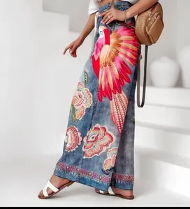 Boho Parrot Print Wide-Leg Pants
