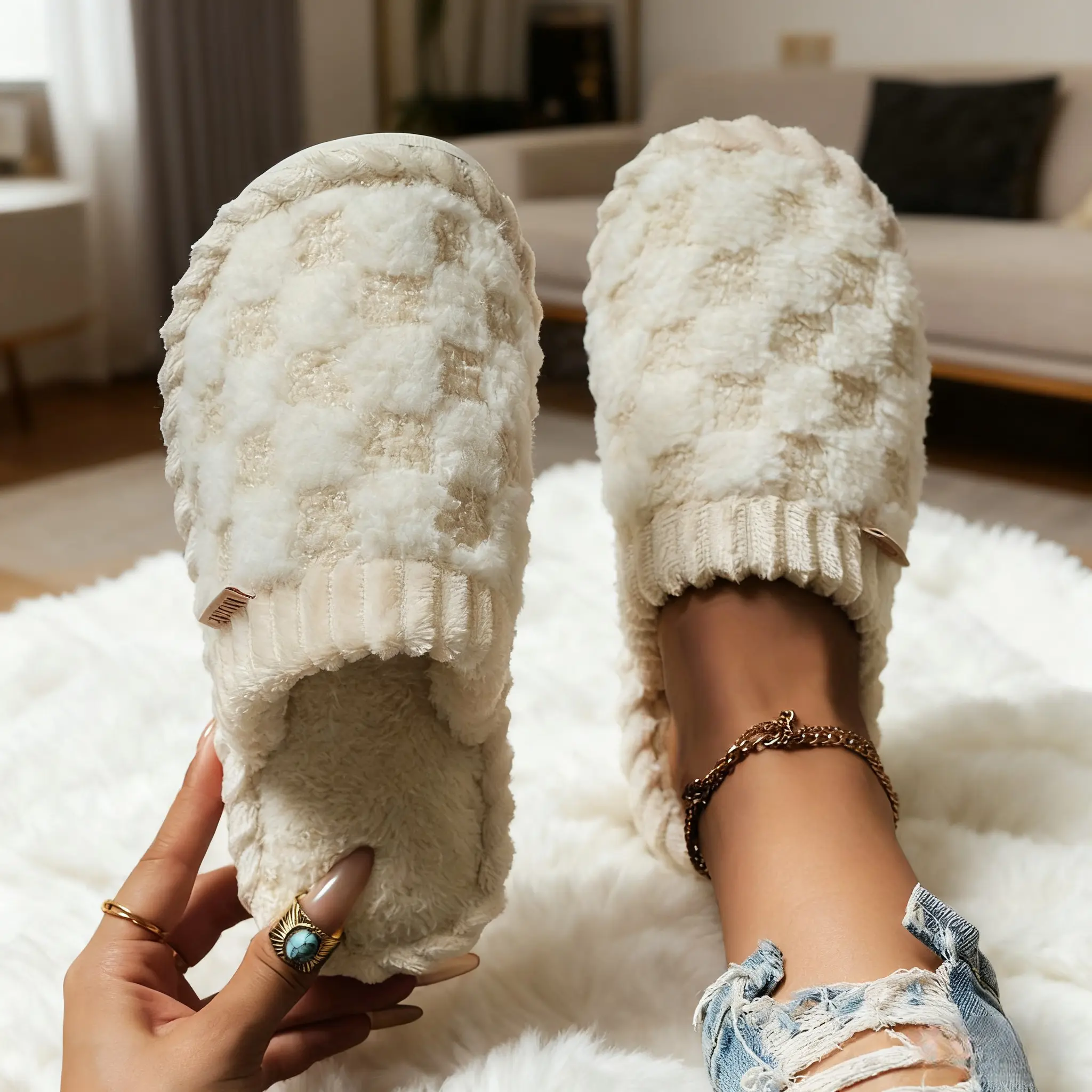 Home Cozy Plush Checkered Fluffy Warm Women's Slippers with Memory Foam Soft Sole Round Toe Winter Indoor Pedal Shoes for Comfortable Daily Wear