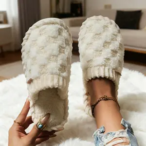Home Cozy Plush Checkered Fluffy Warm Women's Slippers with Memory Foam Soft Sole Round Toe Winter Indoor Pedal Shoes for Comfortable Daily Wear