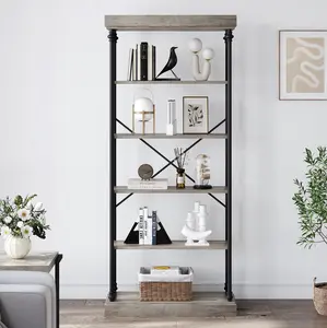 6 Tier Bookshelf Industrial Bookcase Wood Tall Standing Bookshelves Wood Vintage Display Rack Rustic Bookshelf,Gray