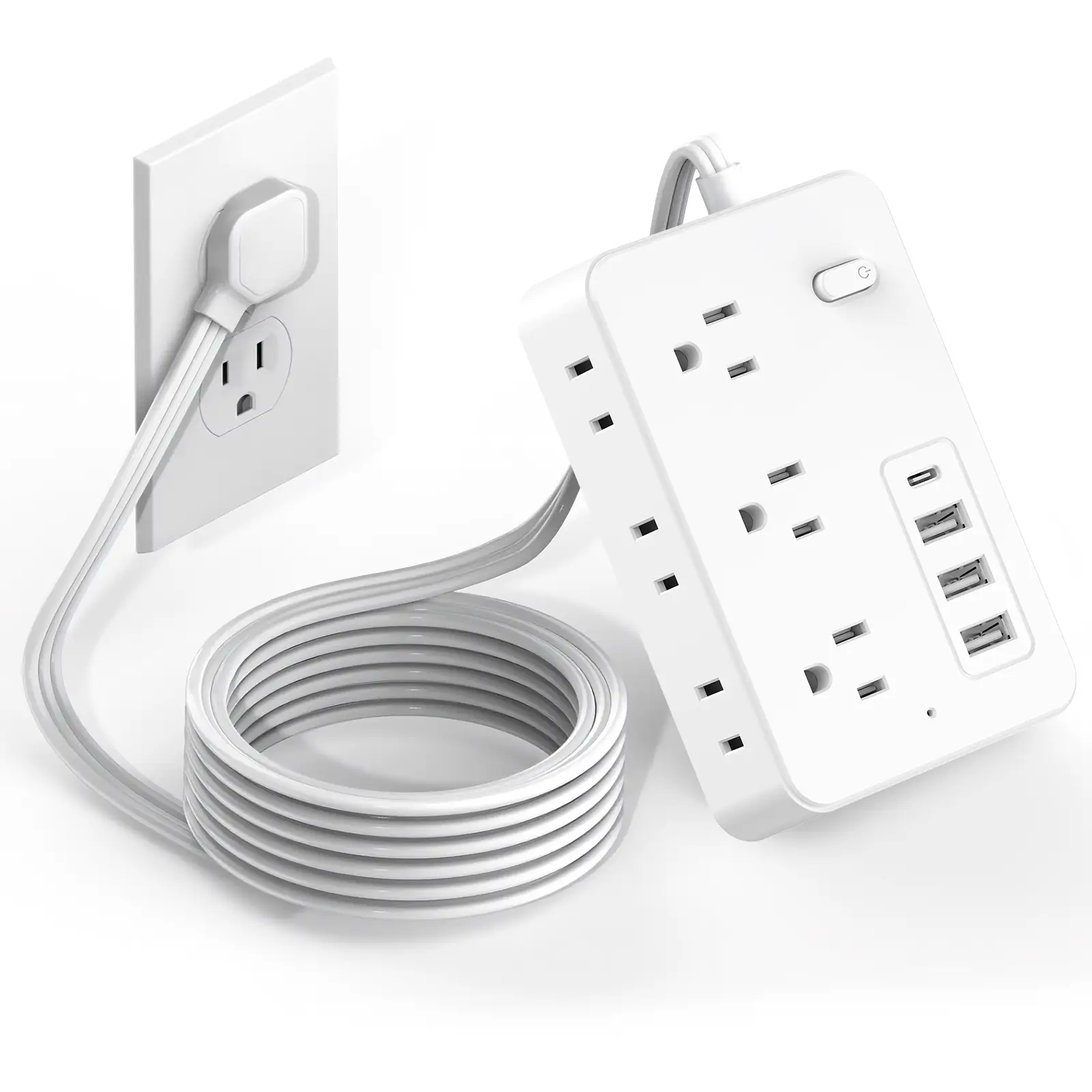 Surge Protector Power Strip with 5-Foot Flat Plug Extension Cord, 6 Wide Outlets and 4 USB Ports (1 USB-C), with On/Off Switch, Overload Protection, D