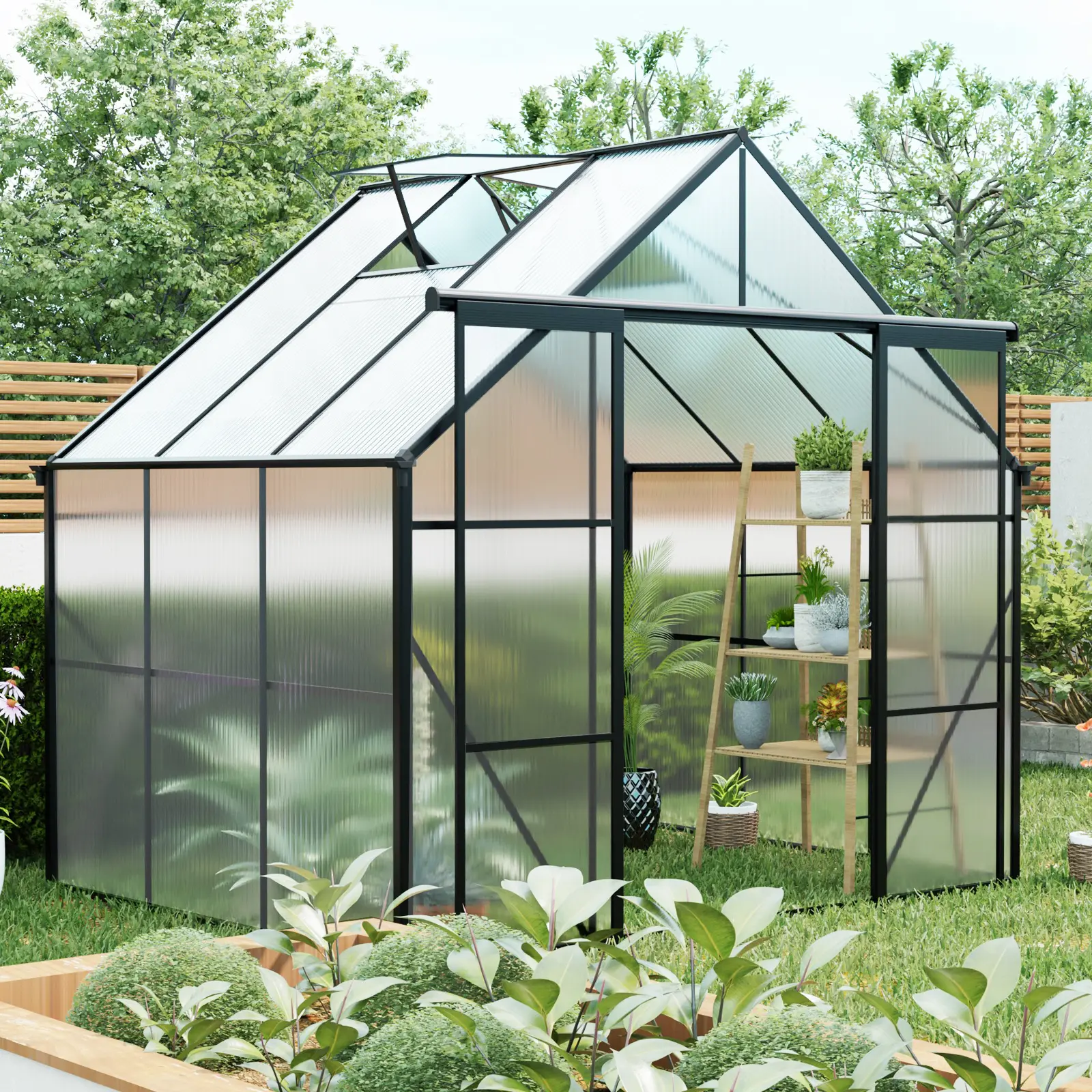 8x6FT Walk-in Polycarbonate Greenhouse with Double Doors, Raised Base & Anchor Kit, Heavy Duty Aluminum Frame for Outdoor Backyard All Season Gardening, Black, Home Furniture and Household Product Search Terms for US Online Shopping
