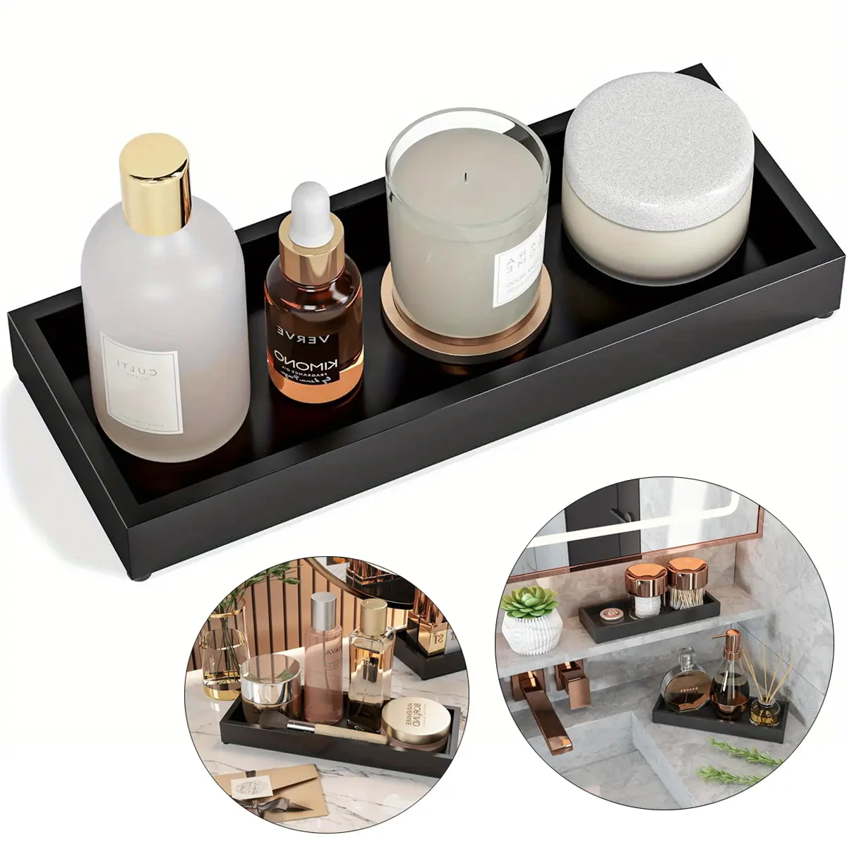 Black Wooden Vanity Tray 11.2"x 4.3" Versatile Decorative Organizer for Bathroom Kitchen Nightstand Makeup Tray Holder Small Wood Sink Soap Tray Holder Accessory Gift Ideal for Multiple Uses