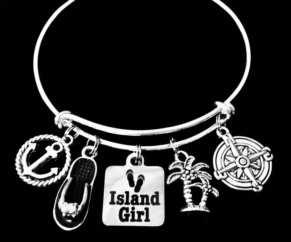 Island Girl Charm Bracelet | Anchor Palm Tree Compass Flip Flop Bangle | Beach Gift for Her