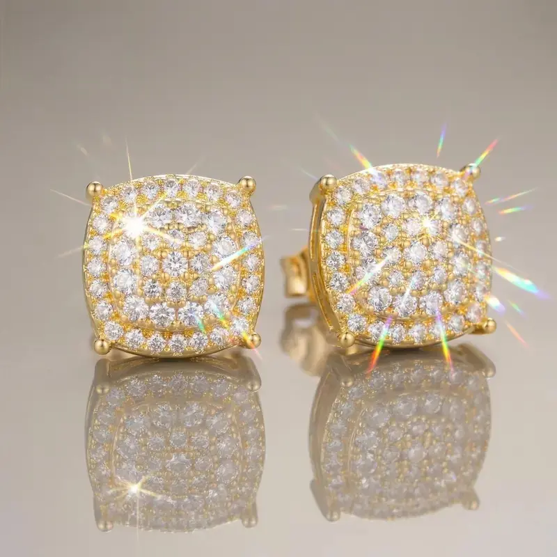 【2026 TREND ALERT】Unisex 12mm Full Pavé Square Geometric Stud Earrings, Luxury Micro Pave AAA Zircon Hip Hop Oversized Artificial Gemstone Jewelry for Men & Women
