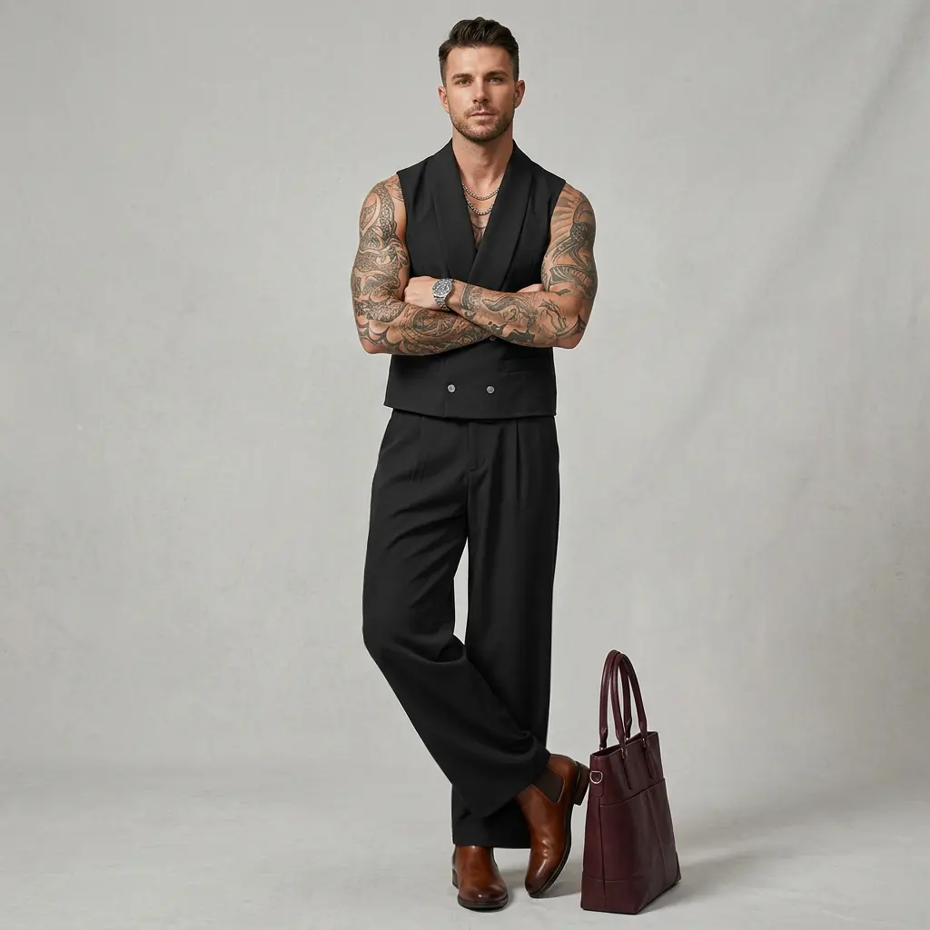 INCERUN Men's Fitted 2-Piece Polyester Suit Set, Casual Solid Sleeveless Double-Breasted Lapel Vest and Pants