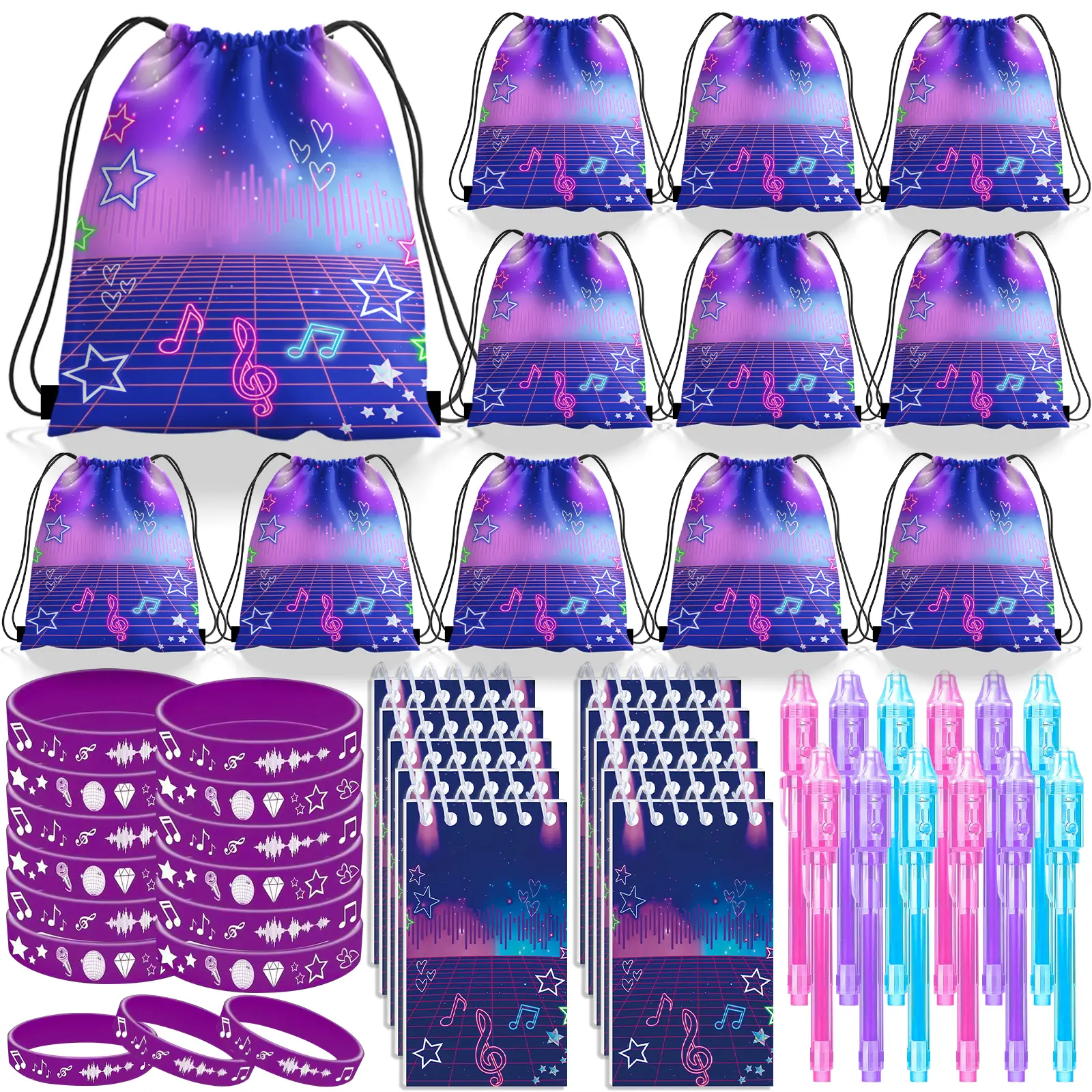 KPOP Musical Note Theme Party Favors Pack - Lightweight Plastic Set, Festive & Party Gifts, Includes Drawstring Bags, Notebooks, Silicone Bracelets, Highlighters