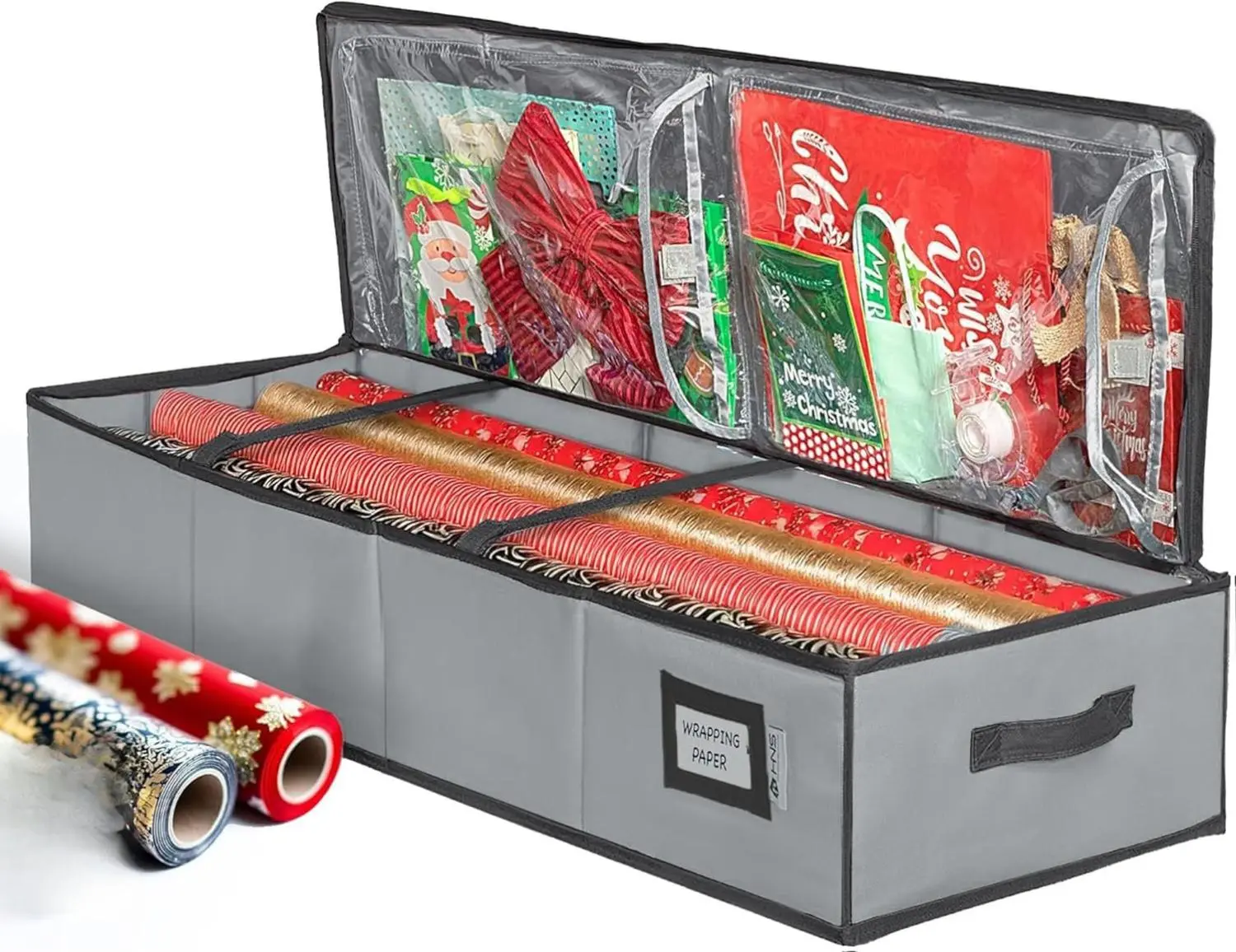 Premium Wrapping Paper Storage Container -Durable Material 600D tear-proof - Fits up to 27 Paper Rolls -Extra Pockets for Ribbons & Bows. Underbed Gift Wrap Organizer, Ideal for Holiday Christmas, etc