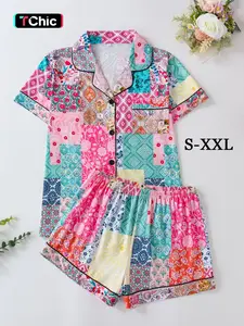 Women's Patchwork Print Shortsleeve Top & Shorts Pyjama, Elegant Comfy Short Sleeve Lapel Neck Top & Shorts Matching Pj Set, Ladies Sleepwear for All Seasons, Pajama Sets, Clothing Sets, Womenswear, Casual Sleepwear Set, Summer Loungewear