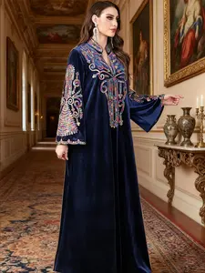 Women's Ethnic Embroidered Sequins Long Dress, Afghan Dresses, Loose-Fit Woven Fabric, Elegant Fall & Winter, Perfect for Muslim Women, Modesty Muslim Clothing