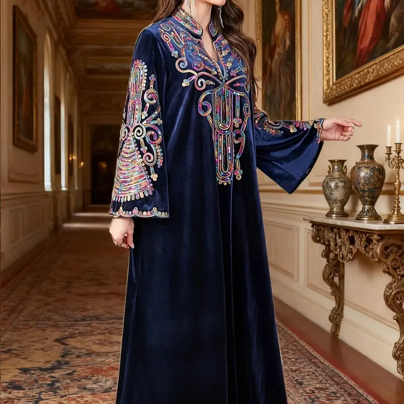 Women's Ethnic Embroidered Sequins Long Dress, Afghan Dresses, Loose-Fit Woven Fabric, Fall & Winter, Perfect for Muslim Women, Modesty Muslim Clothing, Muslim Evening Dress, Elegant Islamic Fashion